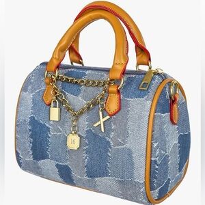 Stylish Denim Patchwork Handbag with Tan Accents